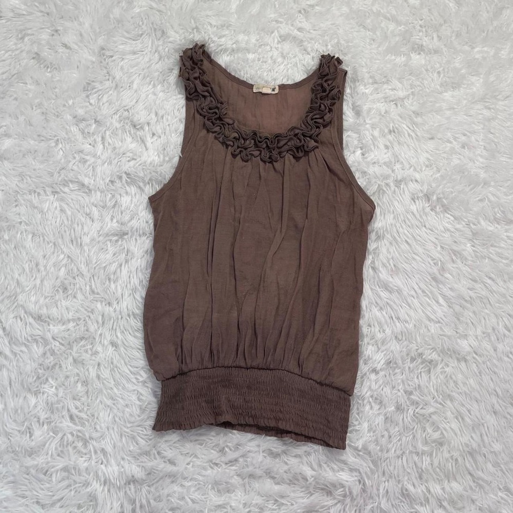y2k brown ruffle semi sheer gauzy tank top large